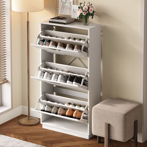 Meuble à chaussures 63x24x120 cm avec 3 abattants et miroir rond, rangement vertical gain de place, MDF blanc (1/5)