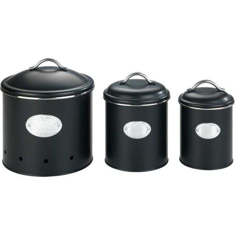 Boite de rangement métal avec couvercle et étiquette décorative, Nero, rangement pomme de terre, oignons, Capacité 1 l, Métal, Ø 11,5x16,5 cm, noir