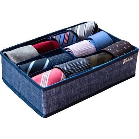 Scatola Portacravatte in tessuto colore blu - Organizer per cassetto armadio a 12 scomparti 32x22x9 cm (1/5)
