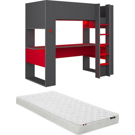 Letto a soppalco gamer + materasso + scrivania con LED e vani integrati 90 x 200 cm Antracite e Rosso - NOAH