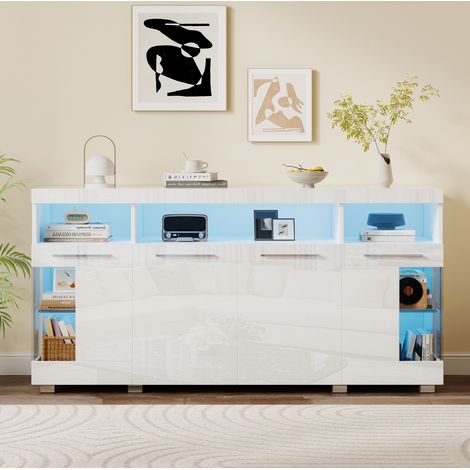 MEUBLIV Credenza bianca 140x40x70 cm con LED integrato e ante in vetro temperato (1/5)