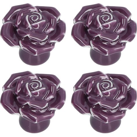 Lot de 4 poignées de meuble modernes en céramique en forme de rose pour salon ou chambre à coucher (violet) (1/5)
