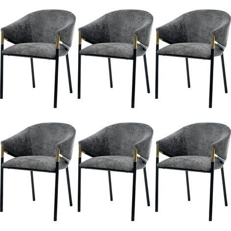 Lot de 6 chaises de salle à manger, en chenille, avec accoudoirs et pieds en métal doré, gris (1/5)