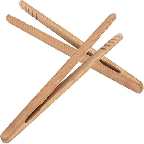 Mini Pince de Cuisine Antidérapante en Bambou – Lot 2 – Marron – Idéale pour Toasts, Salades, BBQ – Naturelle (1/5)