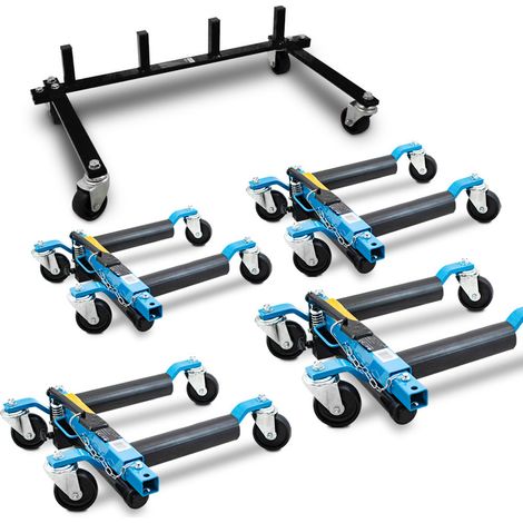 BITUXX 4 Stück PKW Rangierhilfe Blau Rangierheber hydraulisch Wagenheber Auto Rangierroller Rangierheber belastbar bis 680 kg pro Rangierroller inklusive Transportständer