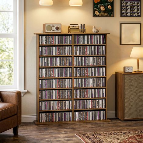 Meuble de rangement pour CD et DVD avec 16 compartiments et 12 étagères réglables, capacité maximale de 720 CD / 396 DVD et Blu-ray, finition noyer (1/5)