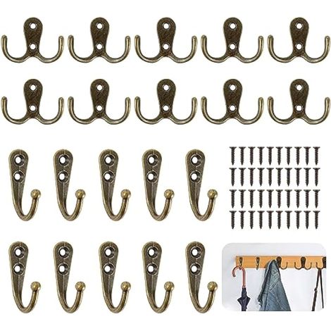 Lot de 20 crochets muraux doubles vintage en bronze avec vis pour porte, armoires, cuisine, bureau (1/4)