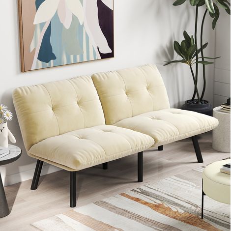 Divano letto 2 posti 160x102x78 cm crema – convertibile salvaspazio in velluto e metallo MEUBLIV (1/5)