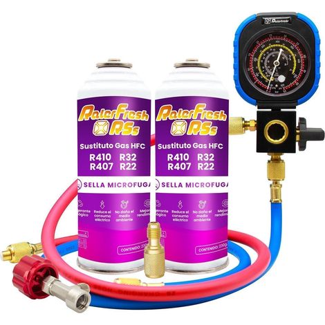 Gas refrigerante Ralerfresh RSs sustituto de los gases R410, R32, R407 y R22 mas manómetro, mangueras y adaptador