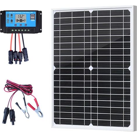 Kit Panneau Solaire 20W 12V, Panneau solaire 20W avec câble d'extension de 2 m, Chargeur d'entretien Solaire Portable pour RV, Bateau, Moto (1/5)