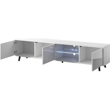 Mobile TV L Con 3 Ante Battenti Vano Centrale Con Ripiano In Vetro E LED In Melaminico Con Piedini In Metallo Per Soggiorno Salotto Zona Living 175 X 40 X 31.5 Cm Bianco (1/5)