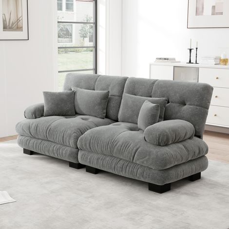 Canapé d'angle Cloud 2 places en tissu chenille gris, salon moderne avec 2 oreillers lombaires et 2 coussins déco, cadre en bois massif, ensemble confortable (1/5)
