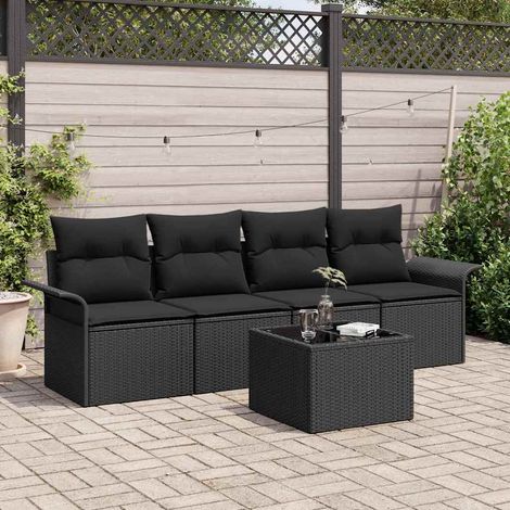 Gartensofa-set mit Kissen 5 pcs Schwarz Poly-Rattan