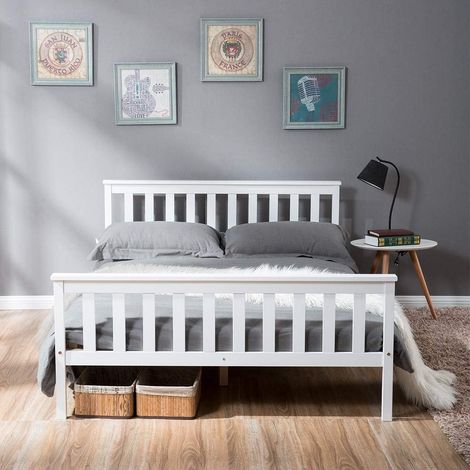 Solid wood double bed frame, simple and elegant double bed frame for bedroom, dormitory, adult, children's, and teenagers' furniture (135 x 190 cm) (1/5)