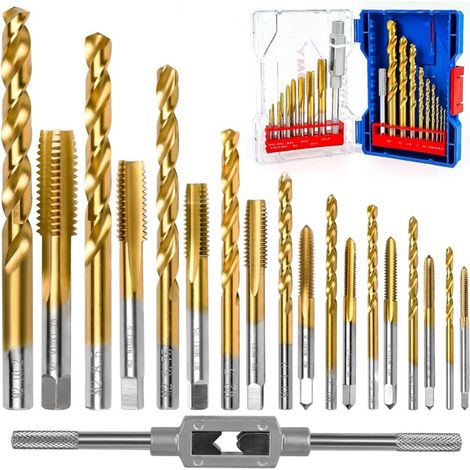 Lot de 18 Filetage Tarauds Foret Ensemble,M2-M12 HSSG Métrique Titane Plaqué Haute Vitesse Acier Machine Vis Filetage Robinet Enfilage Outil (1/4)