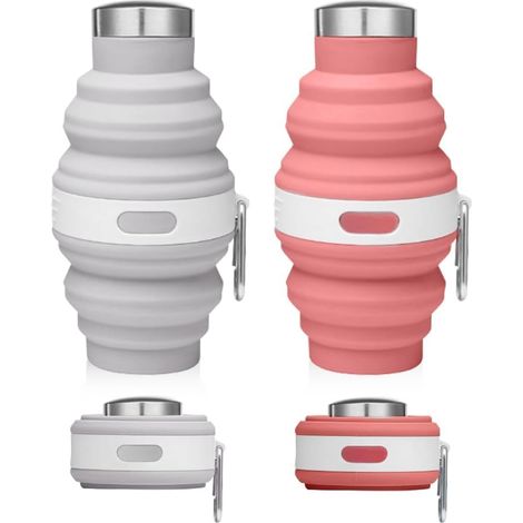 2 Pièces Bouteille d'eau Pliable, Bouteille eau en Silicone Gourde Souple avec mousqueton, Tasse de Camping Réutilisable Sans BPA Gourde Anti-Fuite Bouteille eau pour Voyage (Rose,Gris) (1/5)