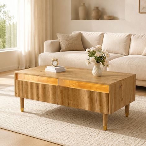 Table basse 110x50x40 cm en MDF bois et doré, LED et 2 tiroirs, pour salon – MEUBLIV (1/5)