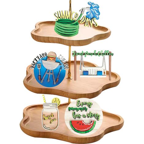 Sommerliches Deko-Set für Etageren im Landhausstil, aus Holz, Mini-Holzpaneele mit Sommermotiven, Dekoration für Zuhause und Küche (1/5)