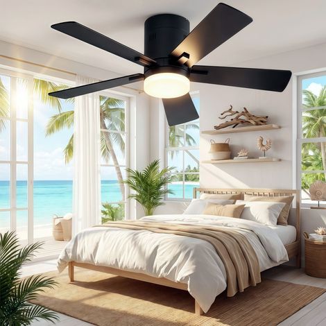 Ventilador de techo con lámpara LED 106 cm 42" - Lámpara ventilador silencioso con mando a distancia, 5 aspas de madera para salón y dormitorio - Negro (1/5)