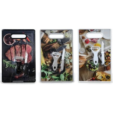 TRADE SHOP - Set Tagliere In Plastica Con Coltello Pelapatate Da Cucina Stampa Alimentare 3 Fantasie - (1/2)