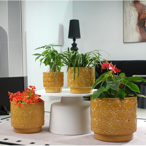 Pots en céramique Ø24 cm jaune brillant, trou de drainage, pour intérieur FloraGrace (1/5)