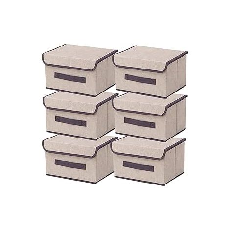 Boite de Rangement avec Couvercle,Boite Rangement Tissu,Cube de Rangement tissu,Pliantes,Boîtes de Rangement pour placards,Vêtements,Penderies,Jouets (26×19×16cm/6pack, Beige Blanc)