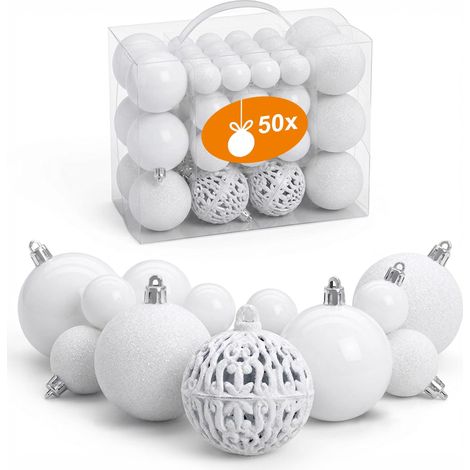 Kunststoff Christbaumkugel Set 50-teilig bruchsicher - weiß - Design Weihnachtskugeln inklusive Metall Haken