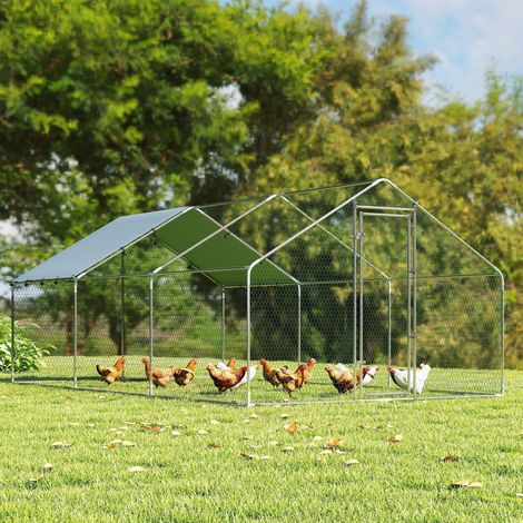 Großer Hühnerstall für den Außenbereich aus verzinktem Stahl, 5,1 x 3 x 1,9 m (15,3 m²), mit Oxford-Gewebeabdeckung und Schloss, silberfarben