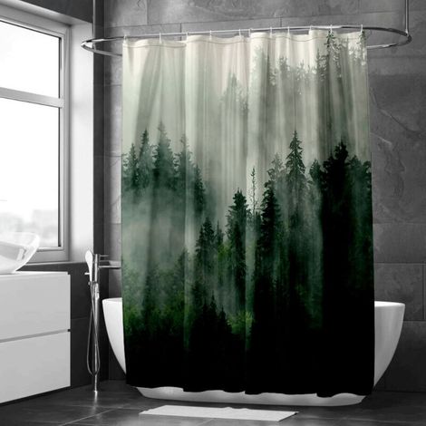 Rideau de douche forêt sauvage dans la brume – Style bohème nature (1/5)
