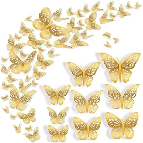 72PCS Autocollants Muraux Papillon 3D Doré, Décor Amovible 3 Tailles, Décoration de Chambre Mariage Gâteau (1/5)