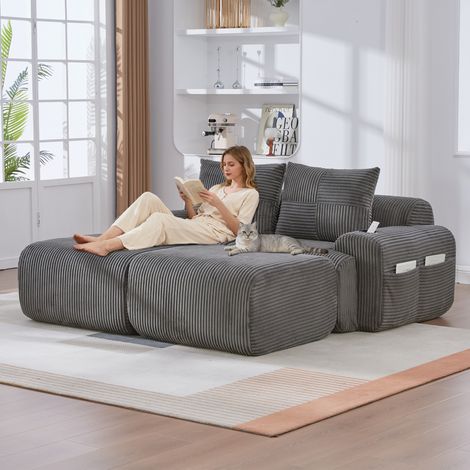 Canapé modulaire velours côtelé 2 personnes avec 2 tabourets combinable librement porte-gobelet sac rangement latéral salon familial haut de gamme (1/5)