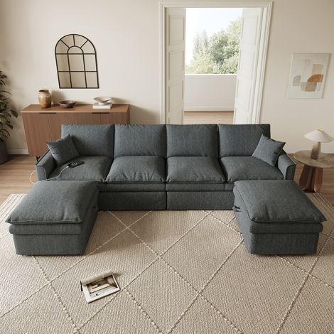 Canapé d'angle modulable 6 places 277x135 cm - Configuration U/L avec 2 poufs coffre mobiles - Rangement intégré - Ports USB et USB-C - Tissu coton lin Gris (1/5)
