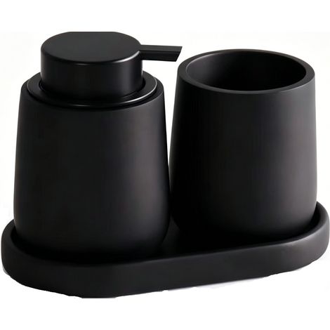 Set Accessoires Salle De Bains - Distributeur Savon 300 Ml - Tasse - Bol - Plastique Noir - Pour Salle De Bains Cuisine Toilette Invités - 3 Pièces