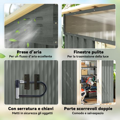 Abri de jardin à portes coulissantes, plancher en acier gris clair, dimensions 195x122x181.5 cm
