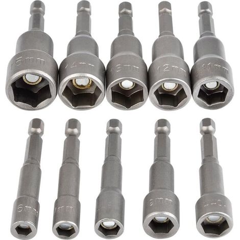 Jeu de 10 douilles magnétiques à embouts hexagonaux. Clé à chocs 6–15 mm. Jeu de douilles magnétiques à embouts hexagonaux. Adaptateur de douille magnétique à embouts hexagonaux 1/4". (1/5)