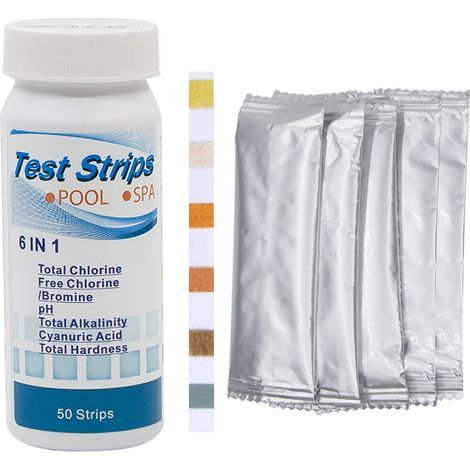 Lot de 50 bandelettes de test 6 en 1 de qualité de l’eau de piscine pour chlore, pH, alcalinité, dureté, acidité, brome, acide cyanurique (1/5)
