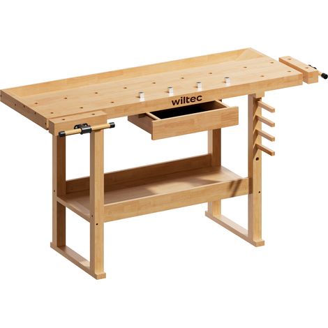 Wiltec Werkbank 151 x 61,5 x 86 cm aus Holz, Werktisch aus Rubberwood, Hobelbank bis 150 kg belastbar, Werkzeugbank mit Schublade und Spannzangen