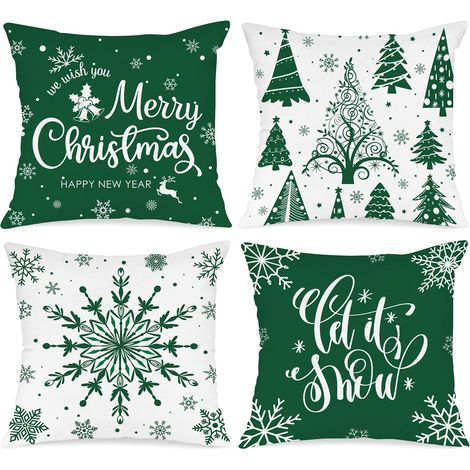 Lot de 4 père Housse de Coussin Noel 40x40 cm, Taie d'oreiller Joyeux Xmas Flocons de Neige d'hiver Parure de Oreiller de Décoration de Lit Noel Deco pour Chambres Canapé Noël Decoration(Vert) (1/5)