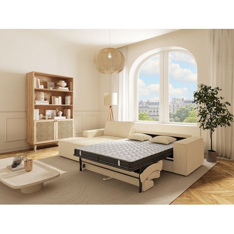 Canapé d'angle gauche convertible express en velours côtelé beige - Couchage 140 cm - Matelas 13 cm avec mémoire de forme - AMELIA (1/4)