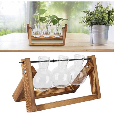 Terrario para plantas con soporte de madera Jarrón alto de vidrio borosilicato 3 botellas de vidrio Decoración vintage para el hogar y la oficina (1/5)