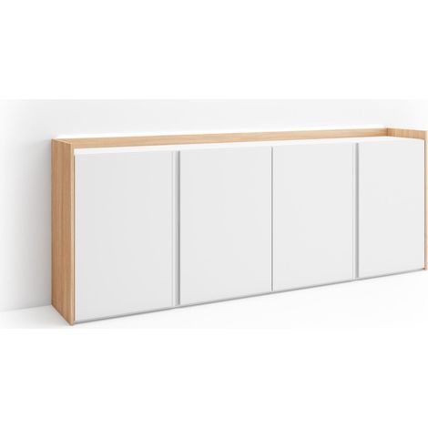 Skraut Home - Credenza, Mobile, Cucina, Madia, mobile ingresso, 207x35x80cm, 4 Porte, LED, Stile moderno, Bianco e Rovere soft (1/5)