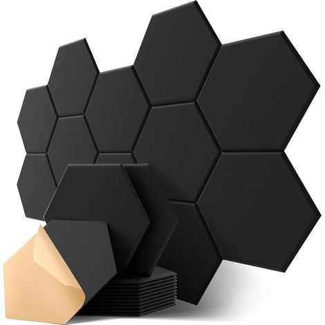 Selbstklebende sechseckige Akustikplatten, 12er-Pack, hochdichte Akustikplatte für Wand, Tür, Decke, akustische Behandlung für Heimstudio, Gaming, Schlafzimmer, 30 x 26 x 0,9 cm, Schwarz (1/5)