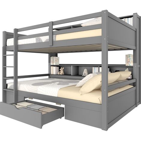 Lit superposé 90x200 gris avec tiroir et rangements latéraux, structure en bois et MDF, sans matelas, pour chambre d'enfant – CHICFURN (1/5)