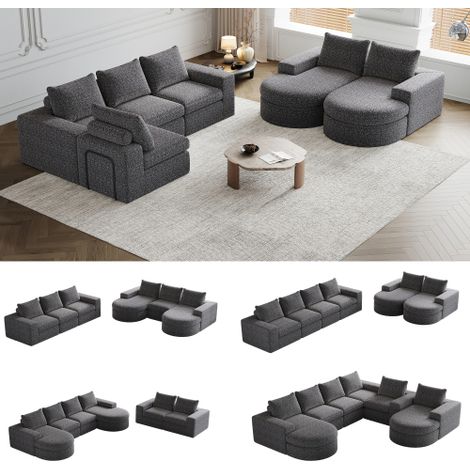 Canapé en chenille — Entièrement compressé, sans structure rigide — Canapé d'angle modulable (en L) avec méridienne — Canapé en mousse compressée — Aucun assemblage requis