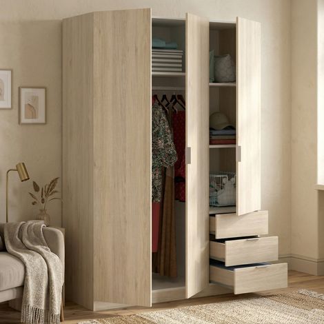 Dmora – Armoire 3 portes battantes avec 3 tiroirs – Dimensions 121x52x184 cm – Structure en panneaux mélaminés – Design moderne et élégant - 121x52h184