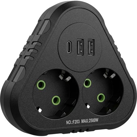 Multiprise Murale Double Prise avec 2 Ports USB et 1 Type C, Adaptateur Secteur 2500W 10A, Multiprise Parafoudre et Surtension Compacte pour Maison Bureau Voyage (Noir) (1/5)