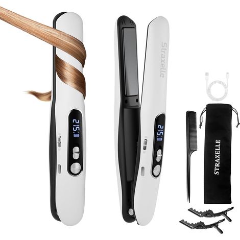 2 en 1 Mini Lisseur Sans Fil et Boucleur Cheveux 175°C-215°C (Blanc)  Fer a Lisser avec 5000mAh, 3 Températures Réglables , Lisseur de Voyage avec écran LED pour Tous Types de Cheveux (1/5)