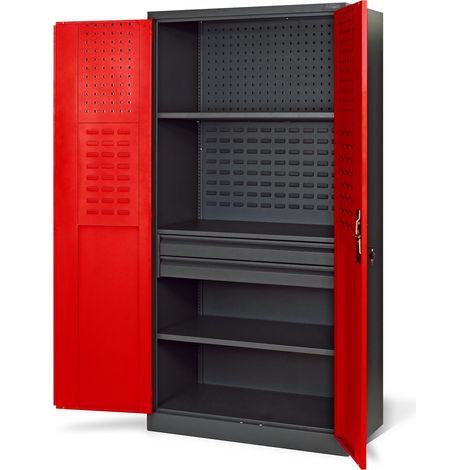 Jan Nowak TC02AM Werkzeugschrank Stahlschrank Werkstattschrank Schubladenschrank Flügeltüren 3 Fachböden 185 cm x 92 cm x 50 cm pulverbeschichtet anthrazit-rot (1/5)