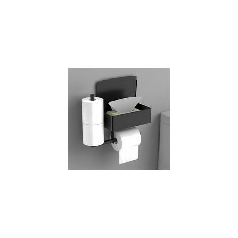 Portarrollos de papel higiénico de pared negro, no requiere perforación, acero inoxidable, con 2 soportes para rollos y dispensador de toallitas húmedas. (1/4)