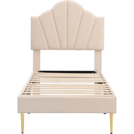 Letto imbottito 90 x 200 cm in velluto beige con testiera a conchiglia e piedini dorati (1/5)